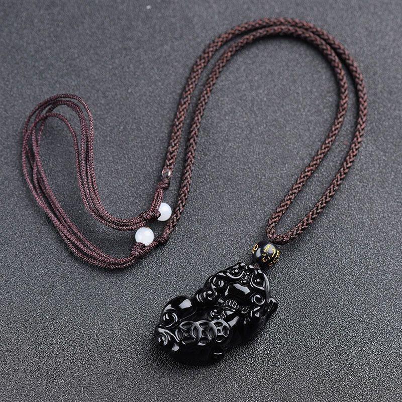 Obsidian Pixiu Pendant Necklace - Unisex Ethnic Style Sweater Chain