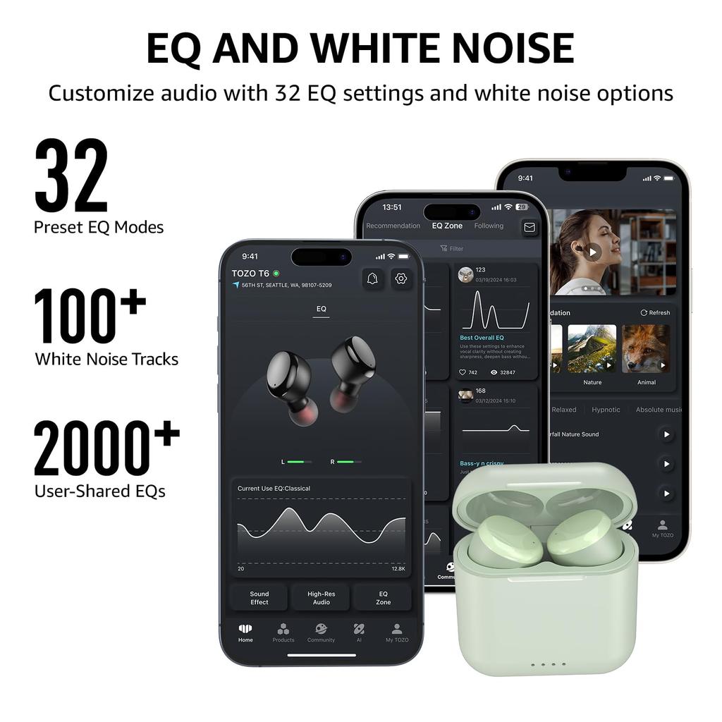 TOZO wireless earphones with a comfortable warm custom EQ for cooler and a dedicated Features include IPX8 lightweight up to 45 hours of playback AI