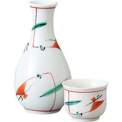 Sake Tokkuri and Ochoko 8cm Diameter X Tsuyugusa Large Size Mino Suitable for Hot Cold and Japanese Sake Ale-net Set, Set, 15.2cm High, 280ml,