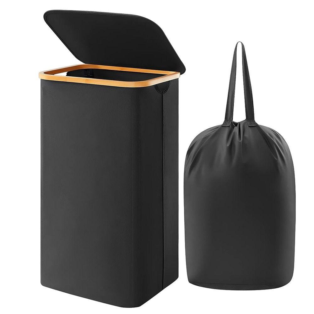 Collapsible Slim Laundry Hamper with Lid Bamboo Handles Removable Inner Bag Clothes Basket Bin Lightweight Foldable