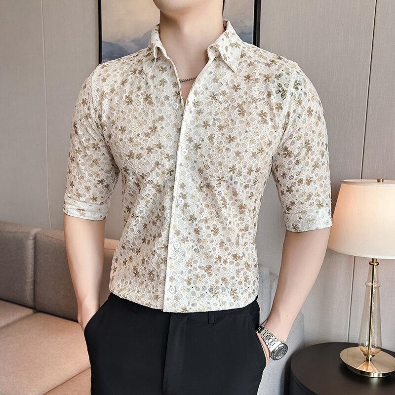 2025 Summer Mens Business Office Shirts Men Casual Short Sleeve Shirt Male Slim Fit Flower Print Shirts Man Fashion Dress Shirt