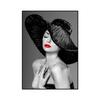 Modern Black and White Sexy Smoking Women with Red Lip Hat Print Art Canvas Poster for Living Room Decoration Home Wall Decor