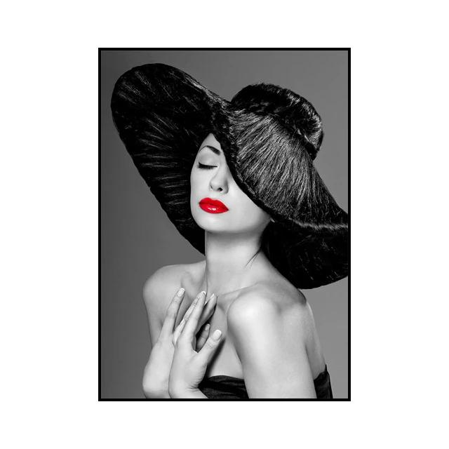 Modern Black and White Sexy Smoking Women with Red Lip Hat Print Art Canvas Poster for Living Room Decoration Home Wall Decor