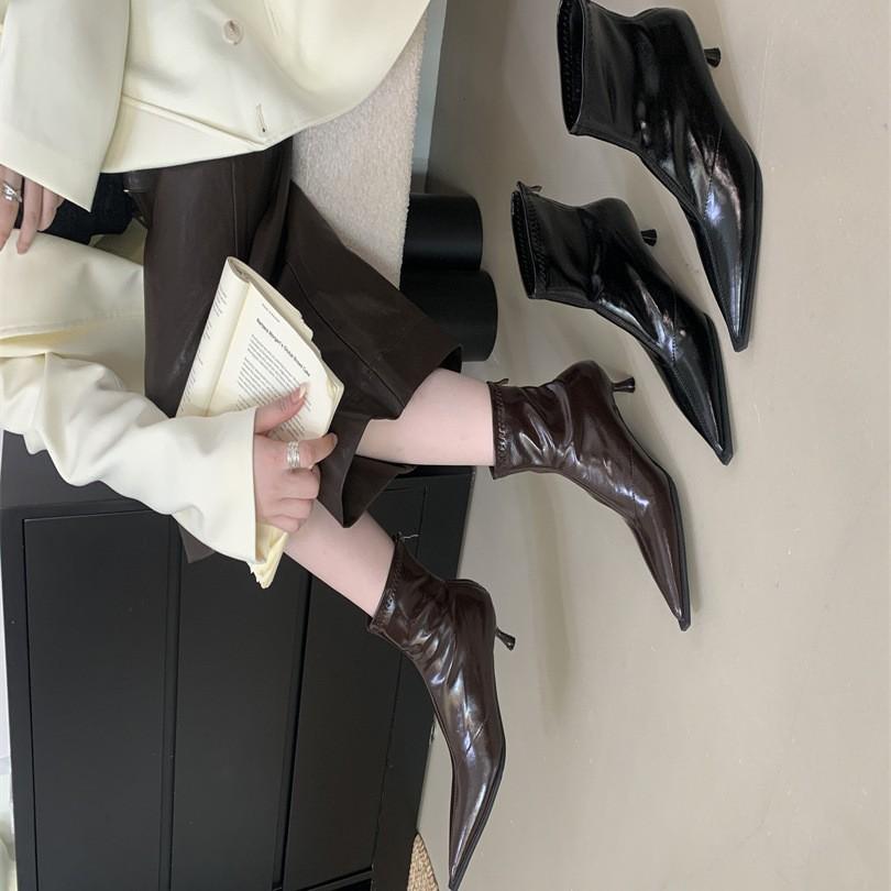 Autumn and Winter New Pointed High-heeled Thin Boots Women's French Thin-heeled Retro Rear Zipper Soft Leather Short Boots Elastic Fashion Boots