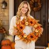 Autumn Harvest Pumpkin Wreath with Artificial Sunflowers and Daisies Home Door Hanging Decoration Fall Front Door Wreath