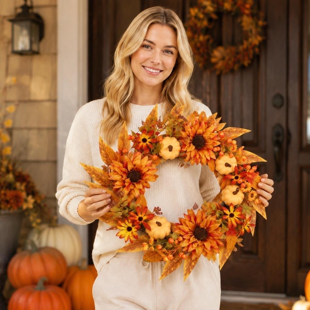 Autumn Harvest Pumpkin Wreath with Artificial Sunflowers and Daisies Home Door Hanging Decoration Fall Front Door Wreath