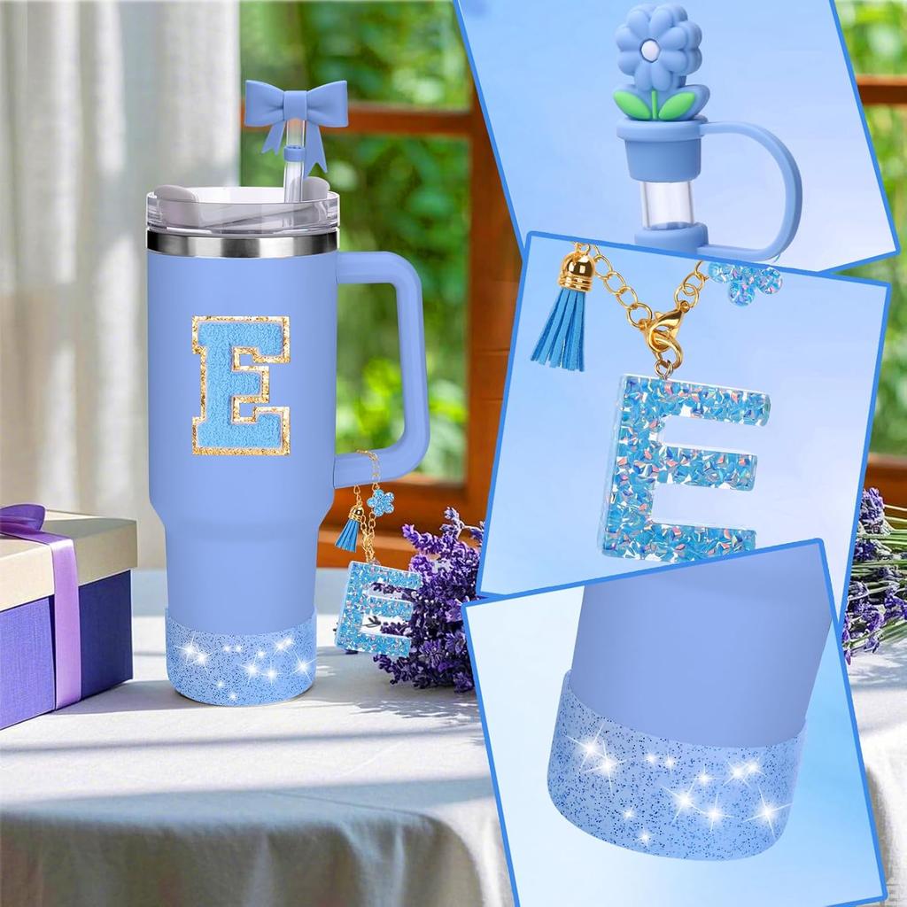 AIERSA Blue Cup Accessories Set for Stanley Cup 40 30 oz Tumbler with Handle, Cup Charms Decorations with Flower Straw Cover Topper Cap, Initial