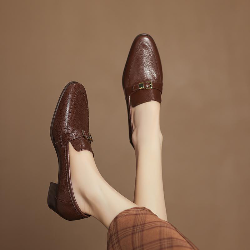 Fashion 2025 NEW Spring Women Loafers Square Toe Chunky Heel Shoes Genuine Leather Shoes for Women Slip-on Women Pumps Handmade Shoes