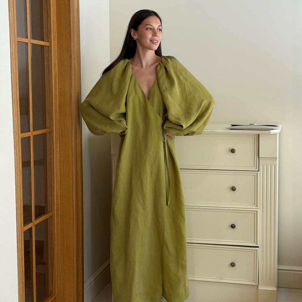 European and American women's clothing summer new casual temperament V-neck lace-up lantern sleeve shirt long dress