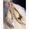 Damen Weiße Strass Hochzeitsschuhe Französische Spitze Dünner Absatz Schuhe High Heels Romantik Brautpumps