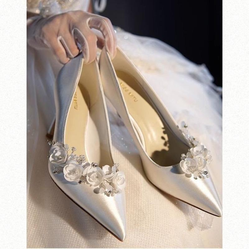Pantofi de nuntă cu strasuri albe pentru femei, pantofi cu toc subțire cu vârf ascuțit franțuzesc, pantofi cu toc înalt, pantofi de mireasă romantici