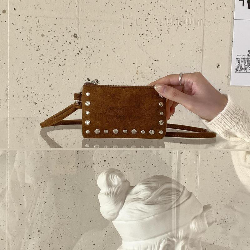 Neck-hanging mini square bag, rivet waist, canvas, leopard print bag, autumn and winter suede lipstick, change bag, women