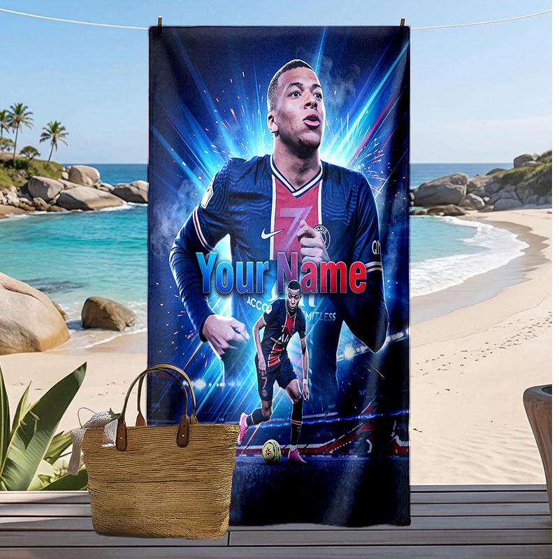 Kylian Mbappe Personalisiertes Bedrucktes Strandtuch Fußball Logo Unterstützung Benutzerdefinierter Name Text Saugfähiges Handtuch Für Sport Reisen Besonderes Geschenk