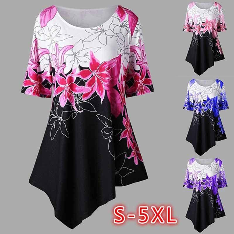 Fashionable Women Ladies Asymmetric Hem Floral Print T-shirt Tunic Tops For All Sizes