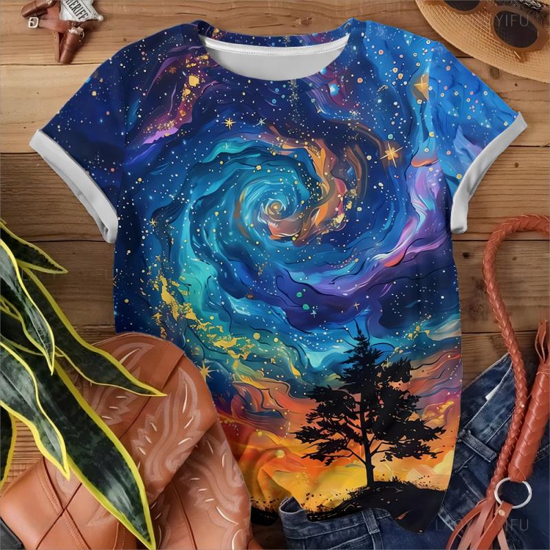 Top Blouse Woman Trend Women 3D Galaxy Print T Shirts Glitter Shirts Blouse Fashionable Starry Sky Summer Ropa Para Shirt