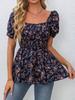 Women Summer Casual Square Neck Smocked Puff Sleeve Floral Blouse For Vacation