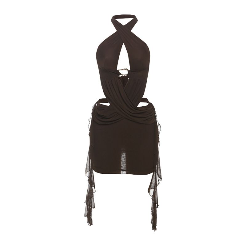 

Модный стиль Женская одежда 2025 Весна/Лето Новая мода Сексуальный вырез Принт Бретелька халтер Прозрачный Облегающий бедра Brown S