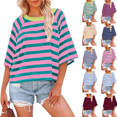 Topy dla kobiet Modne w paski T-shirty dla kobiet Projekt z blokowaniem kolorów Luźna podstawowa koszulka