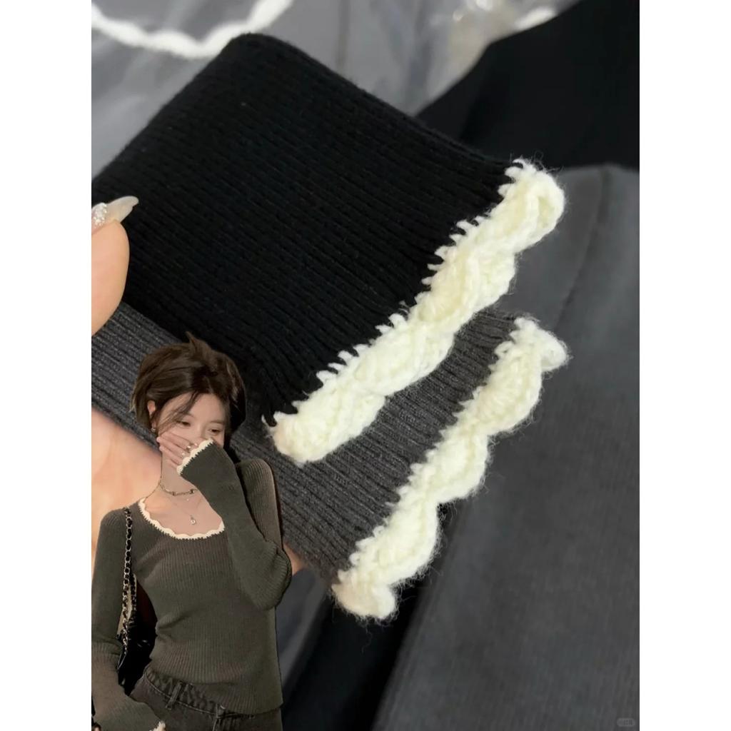Square collar leaking collarbone knitted sweater women's spring contrasting color lace slim inside bottoming top sweet and spicy sweater
