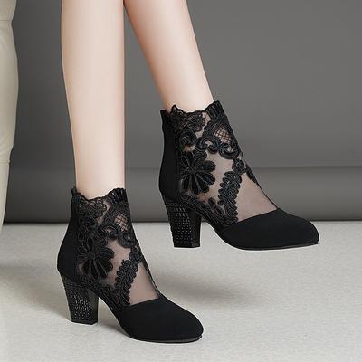 Spitzennetz High Heel Coole Stiefel Damen 2025 Außenhandel Übergröße Europäische und Amerikanische Mode Runde Zehenpartie Dicker Absatz Römische Sandalen