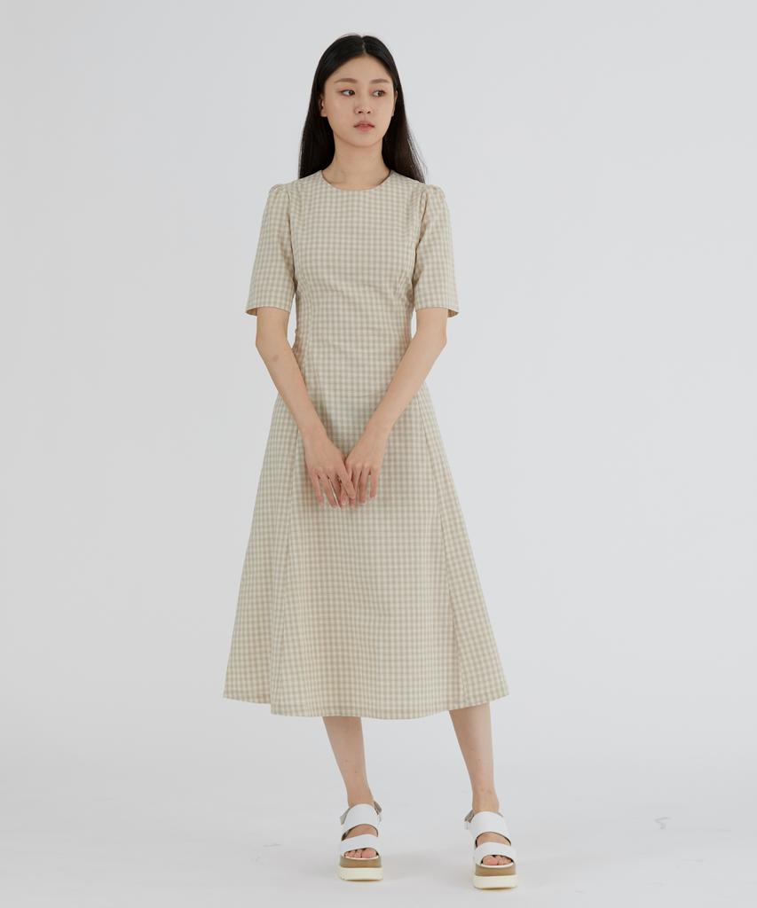 Modern Able Ribbon Point Check Dress - Beige