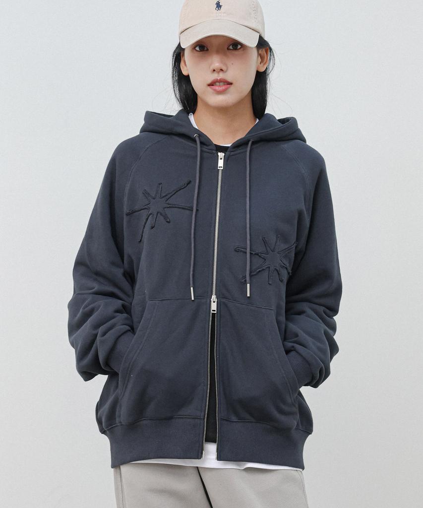 Moderment Applique Washed Oversized Zip-Up Hoodie [Charcoal]