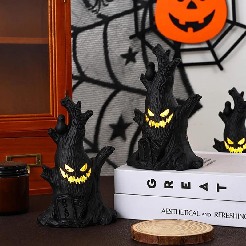 1-10PCS Halloween LED Ghost Face Tree Statue with BatterySpooky Tree Demon Statue Tabletop Bark Face Figurine for Indoor Outdoor