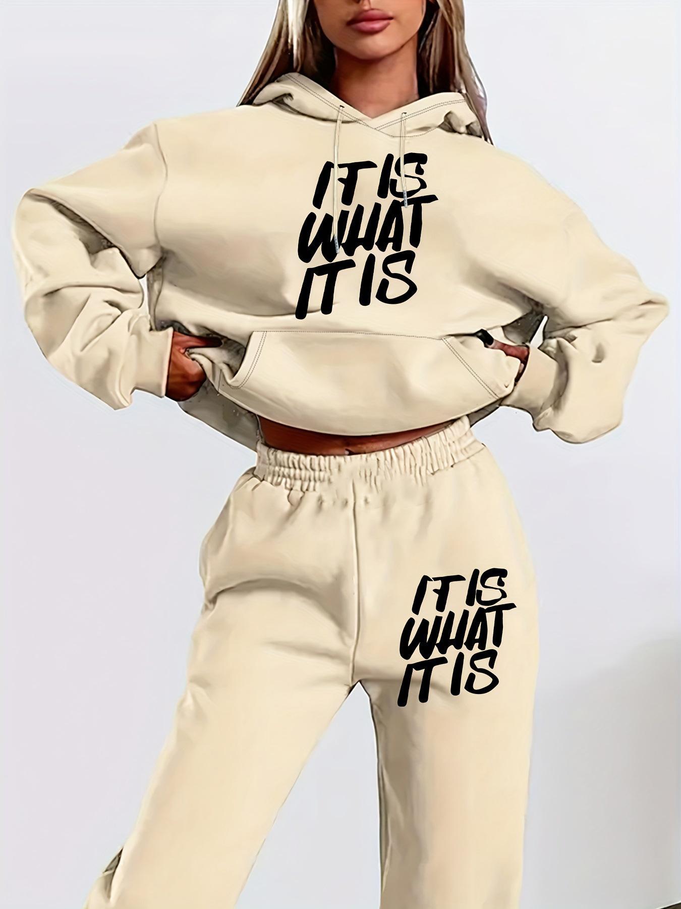 Shein Hot Sale Letter Print Simple Women s Sweater Set Autumn Long Sleeve Hooded Sweatshirt S хаки