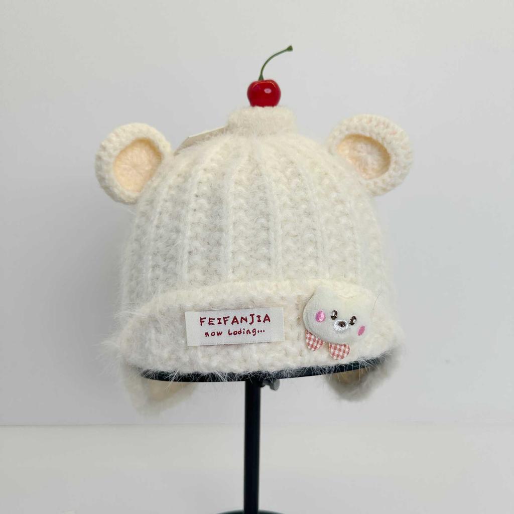 Cute Bear Ears Ear Protector Knitted Hat Women's Autumn and Winter Cherry Plush Wool Hat Student Thermal Pullover Hat