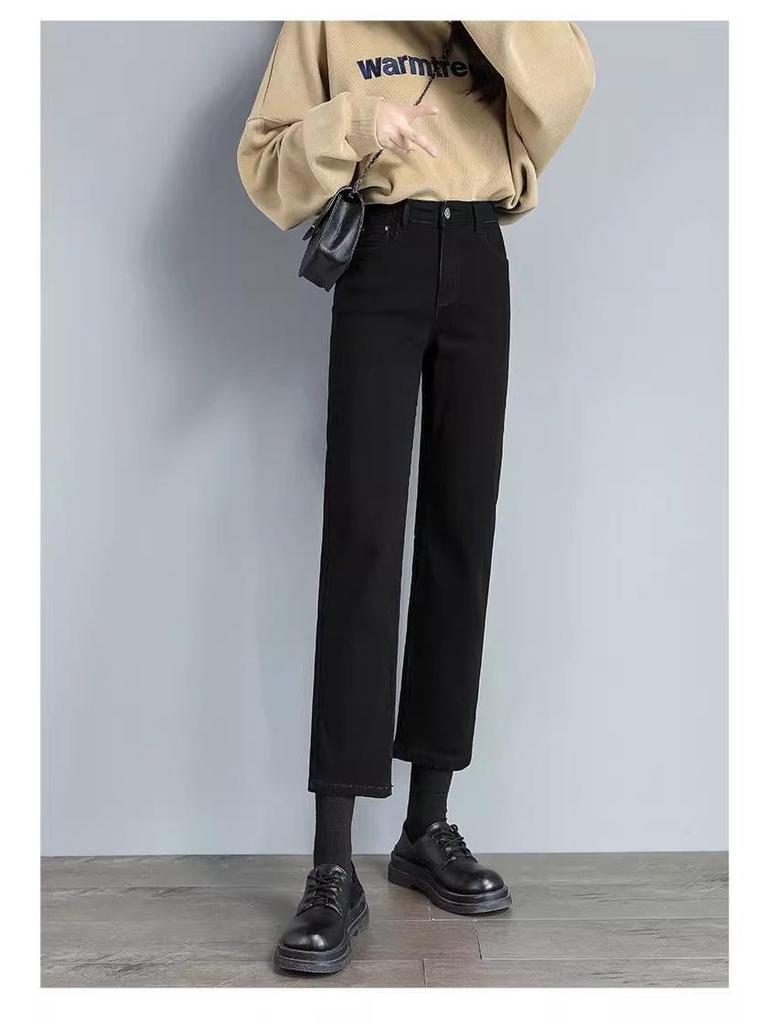 Women's Black High-Waist Cropped Jeans: 2026 Spring/Autumn Slimming Cigarette Pants