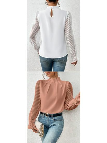 Women's Autumn/Winter Half-High Collar Chiffon Top with Patchwork Wave Pattern