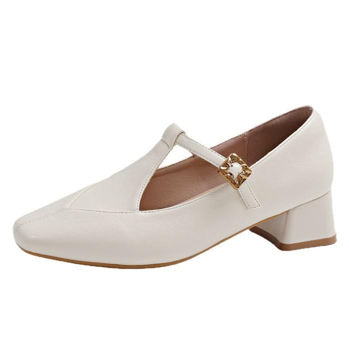French retro Mary Jane shoes women's 2025 new autumn thick heel medium heel single shoes T-buckle with light mouth small leather shoes