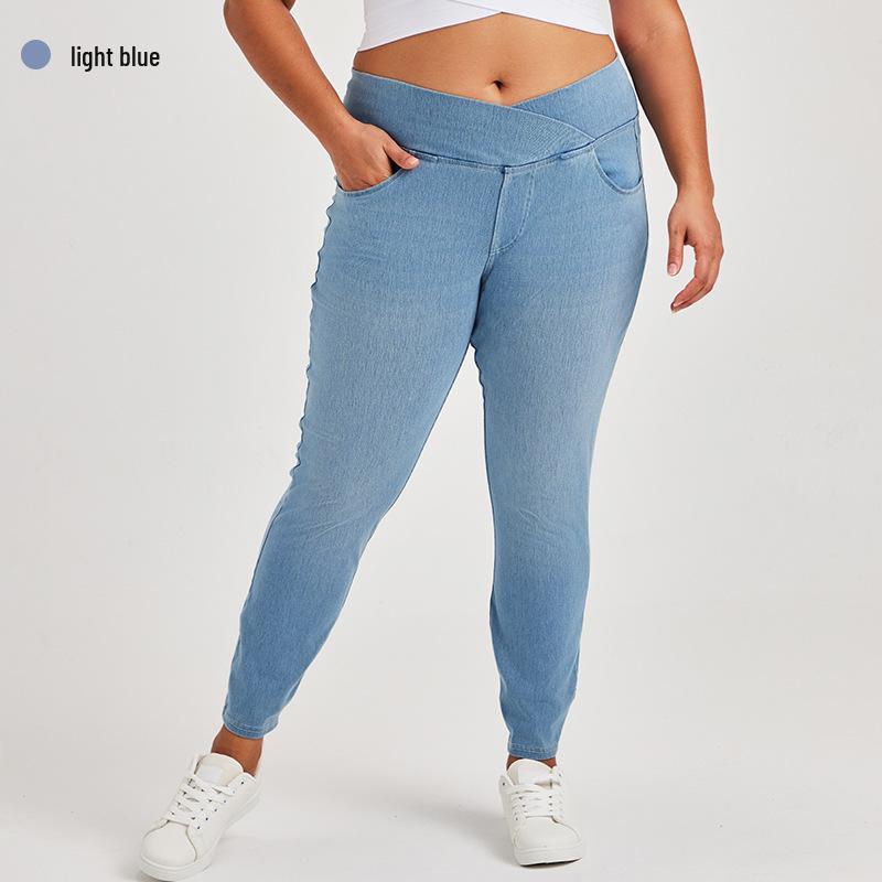 Cross-Waist Plus Size Skinny Jeans with Butt-Lifting Pockets & Monkey Wash