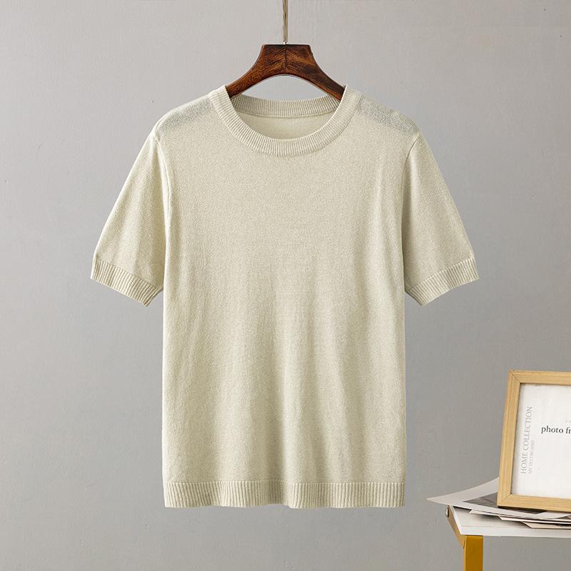 Pletená trička Jednobarevná Kulatý výstřih Krátký rukáv pro ženy Volné pulovrové topy Retro styl Stylové dámské Lesklé ledové hedvábí Šifonové halenky Košile