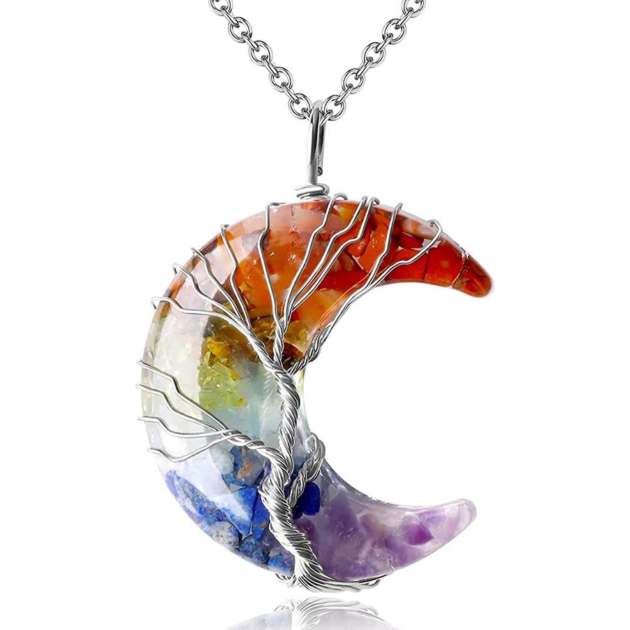 Tree of Life Necklace Wire Wrapped Crescent Moon Stone Pendant Necklaces 7 Chakra Healing Crystal Necklace For Stress Reduction