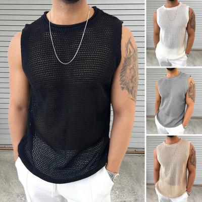 Men Vest Round Neck Sleeveless Summer Breathable Vest Solid Color Hollow Knitting Tops Fitness Home Wear