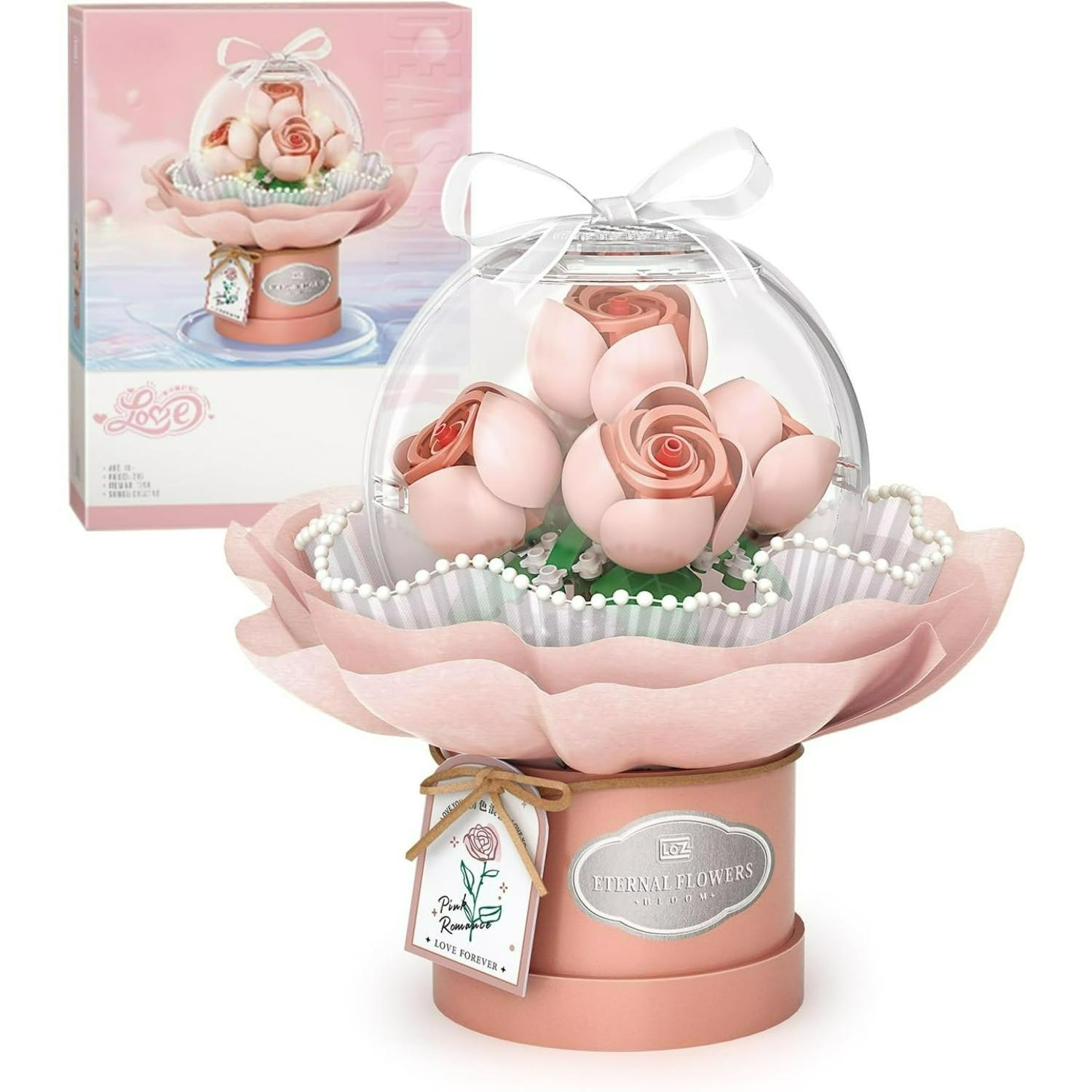 

Flower Building Blocks Set with Dust-Proof Dome,Simulation Bouquet for Valentine s Day,Bonsai Building Bricks Toys,Home Decor розовый