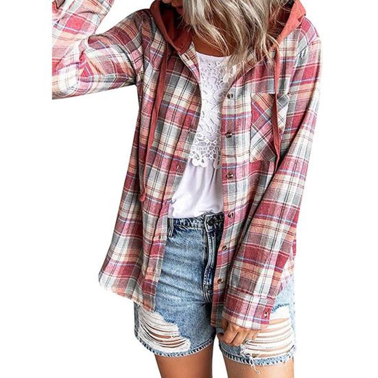 Women Coat Plaid Single-breasted Hooded Pocket Spring Shirt for Daily Wear