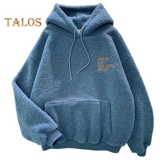 

Осень-зима Женская толстовка с капюшоном на эластичных манжетах из плотного флиса с накладными карманами, свободный свитер с длинными рукавами, теплый топ с вышитыми буквами XL синий