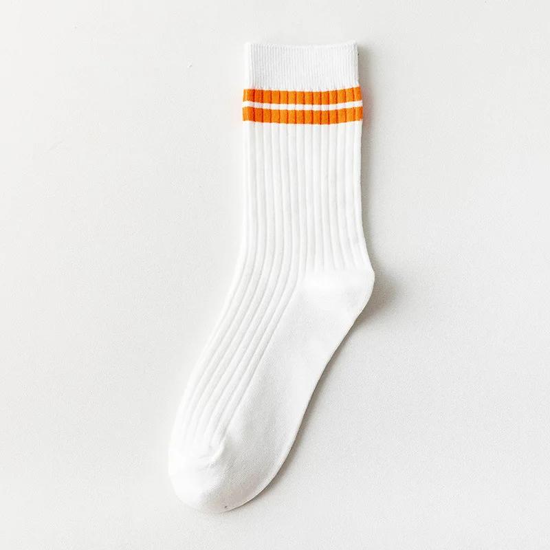 Korean White Orange Striped Socks Women Sport Socks Soft Breathable for High School Students Girls Cotton Long Socks