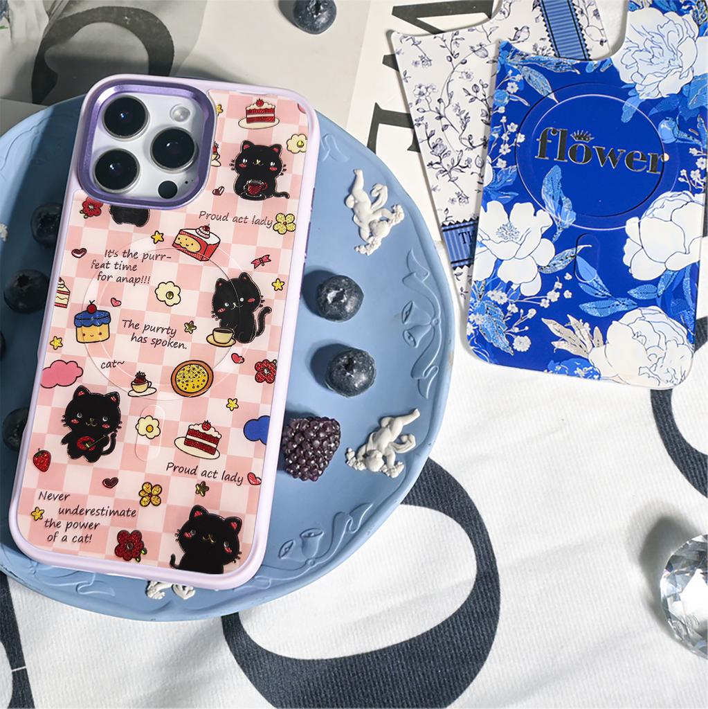 For iPhone 16 Pro Magnetic Case TPU PC Phone Cover with Detachable Happy Black Cat Backplate