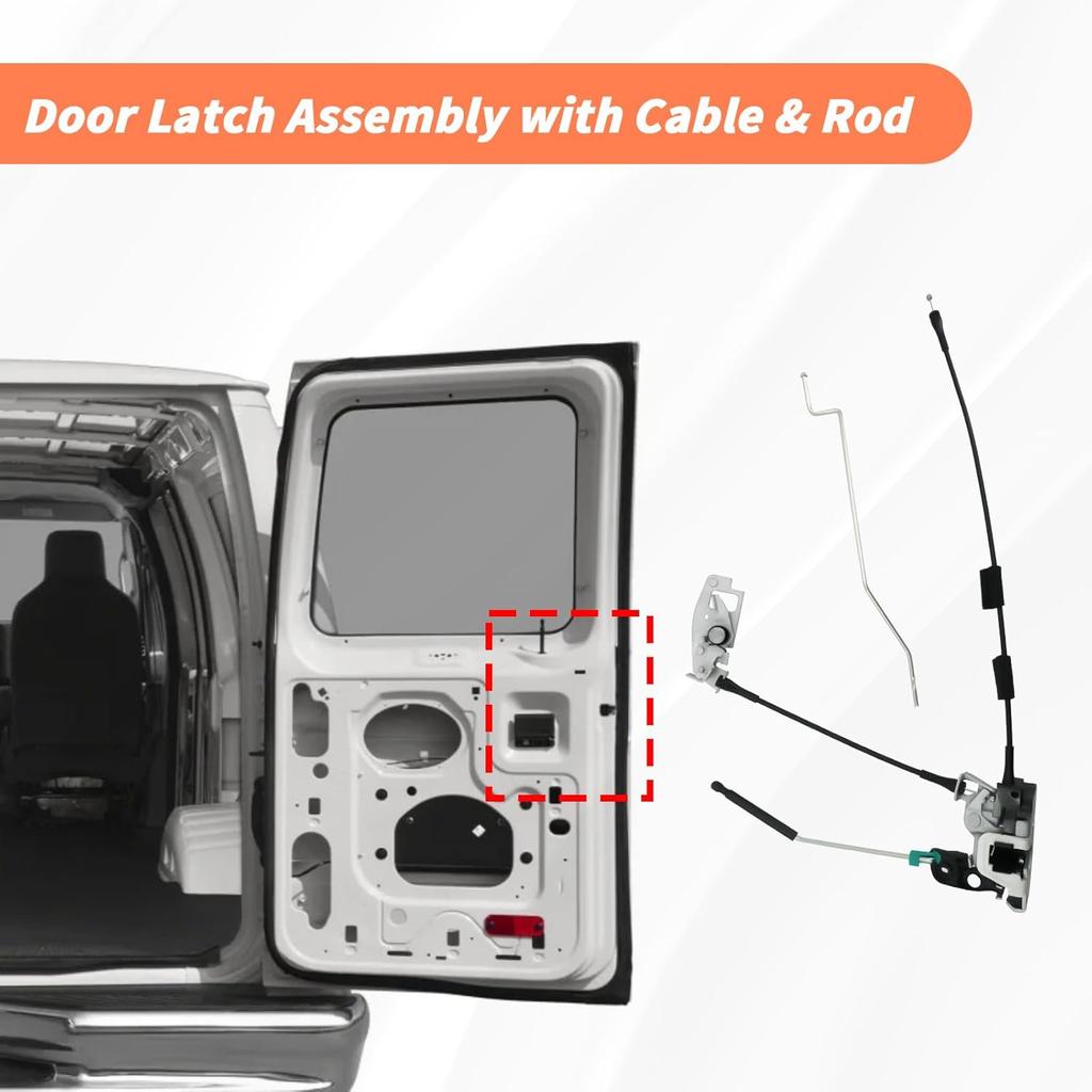 Rear Door Latch Assembly With Cable & Rod, Right Passenger Side For Ford 1992- E150 E250 E350 Econoline Van, Cargo Door Lock Latch Connective Repair