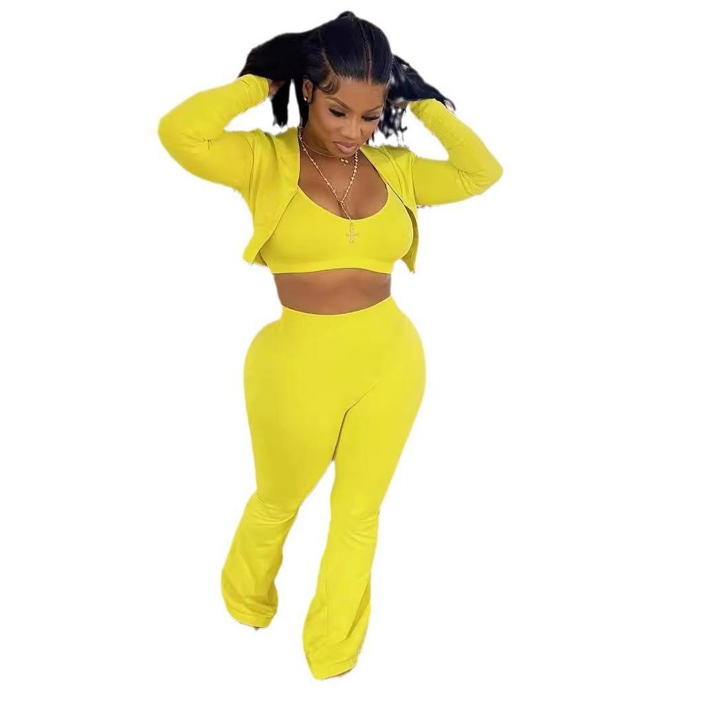 TW492 Stilvolles Dreiteiler-Set für Damen: Einfarbiges Sexy Cropped Lässiger Sportanzug