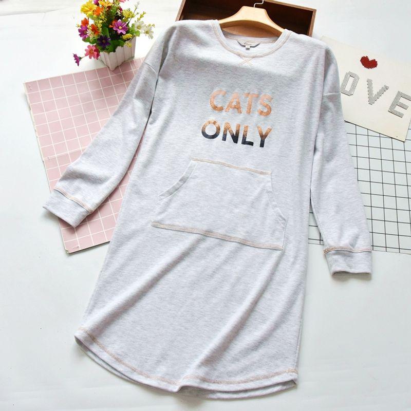 

Women s Knitting Brushed Long Sleeve Home Nightdress Spring and Autumn Print Letters Mid-Length Outwear Base Light gray M