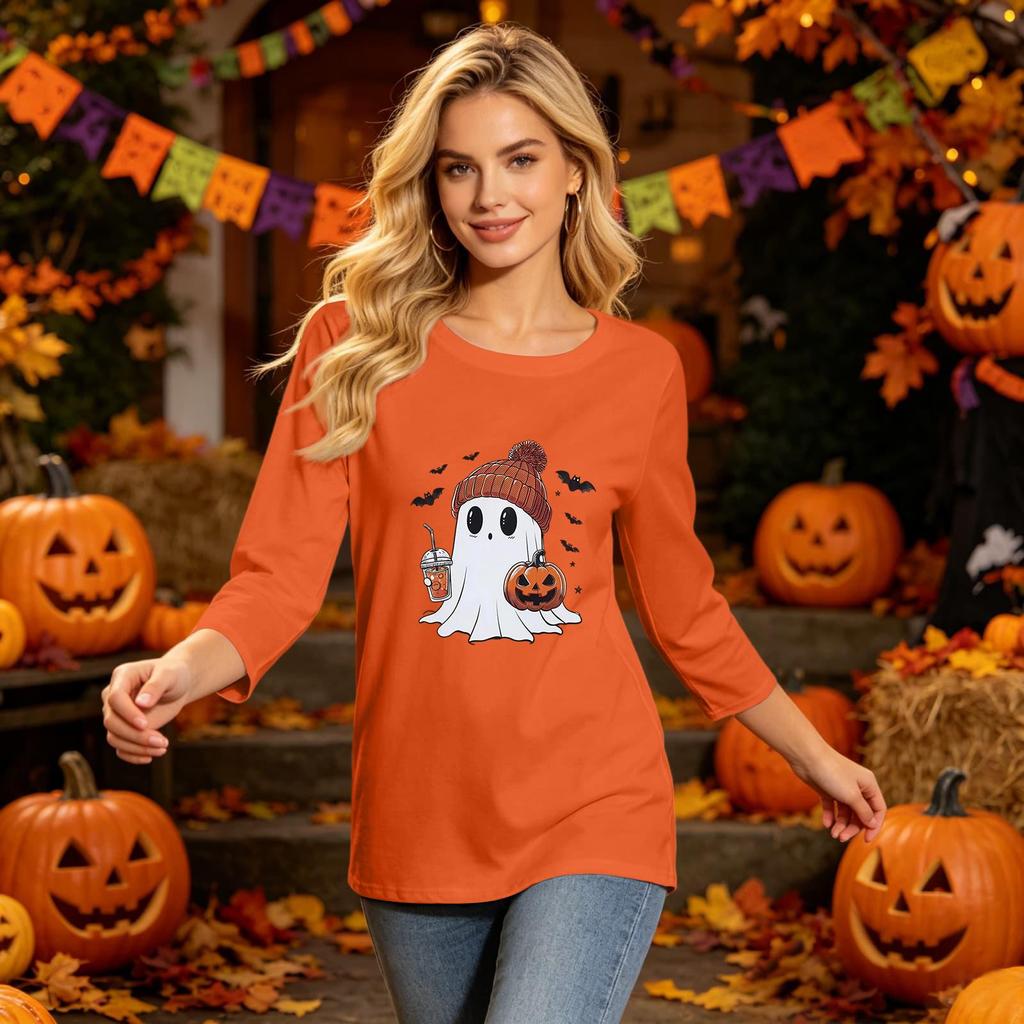 Women's Fashion Casual Halloween Print Three-Quarter Sleeve Neck Top for Fall Festive Wear