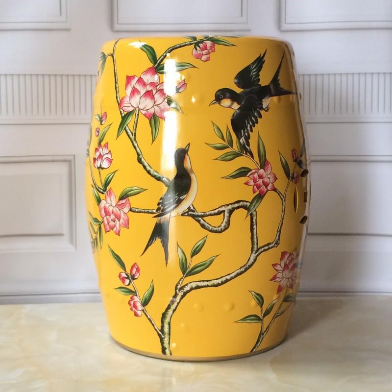 Ceramic Side Table Durable Drum Stool Hand painted Floral and Bird Coffee Table Classic Vanity Seat Suitable for Dining Room
