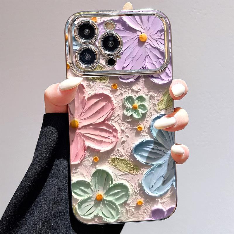 Large Windows Suitable for Apple 12PRO Electroplated Flower Mobile Phone Case IPhone 15XSMAX Protective Case Anti Fall Oil Painting