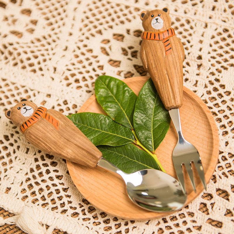 Wooden Craft Fruit Fork And Spoon Set With Childrens Design For Home And Office Use