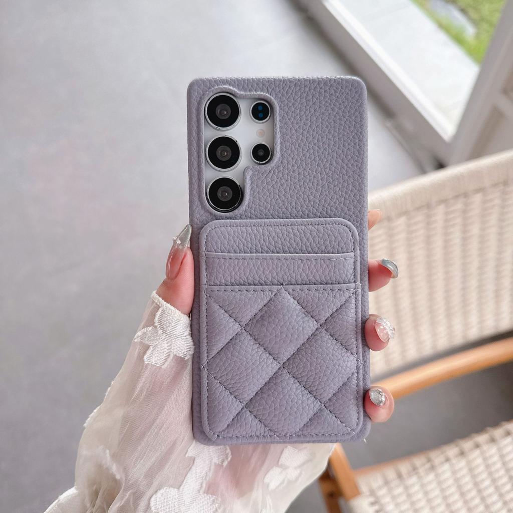 Half Pack Lambskin Leather Mobile Phone Case for Samsung S25 Plus Small Fragrance Rhombus S22 S23 S24 Ultra Hard Shell Card Bag