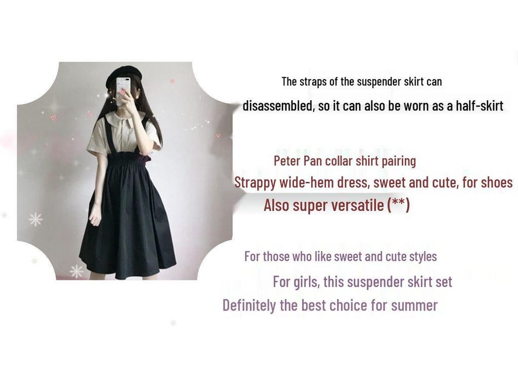 Costume d'étudiant doux japonais: Ensemble Jupe Bretelles Taille Haute + Chemise Manches Courtes